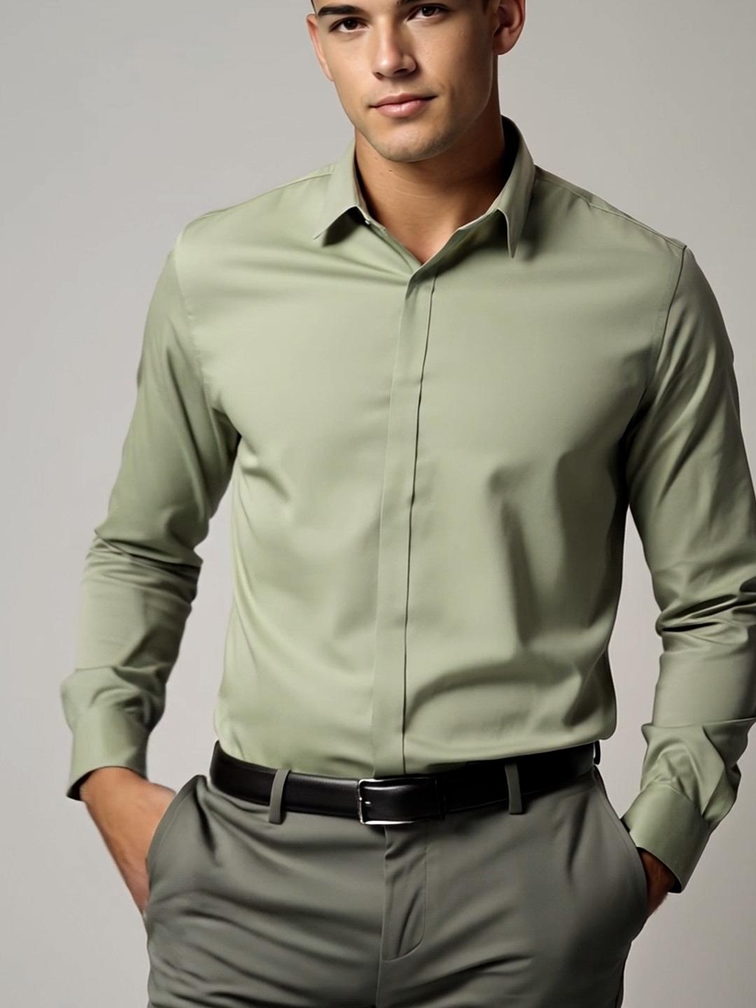 Green Solid Formal Designer Shirt For Men by HE SPOKE