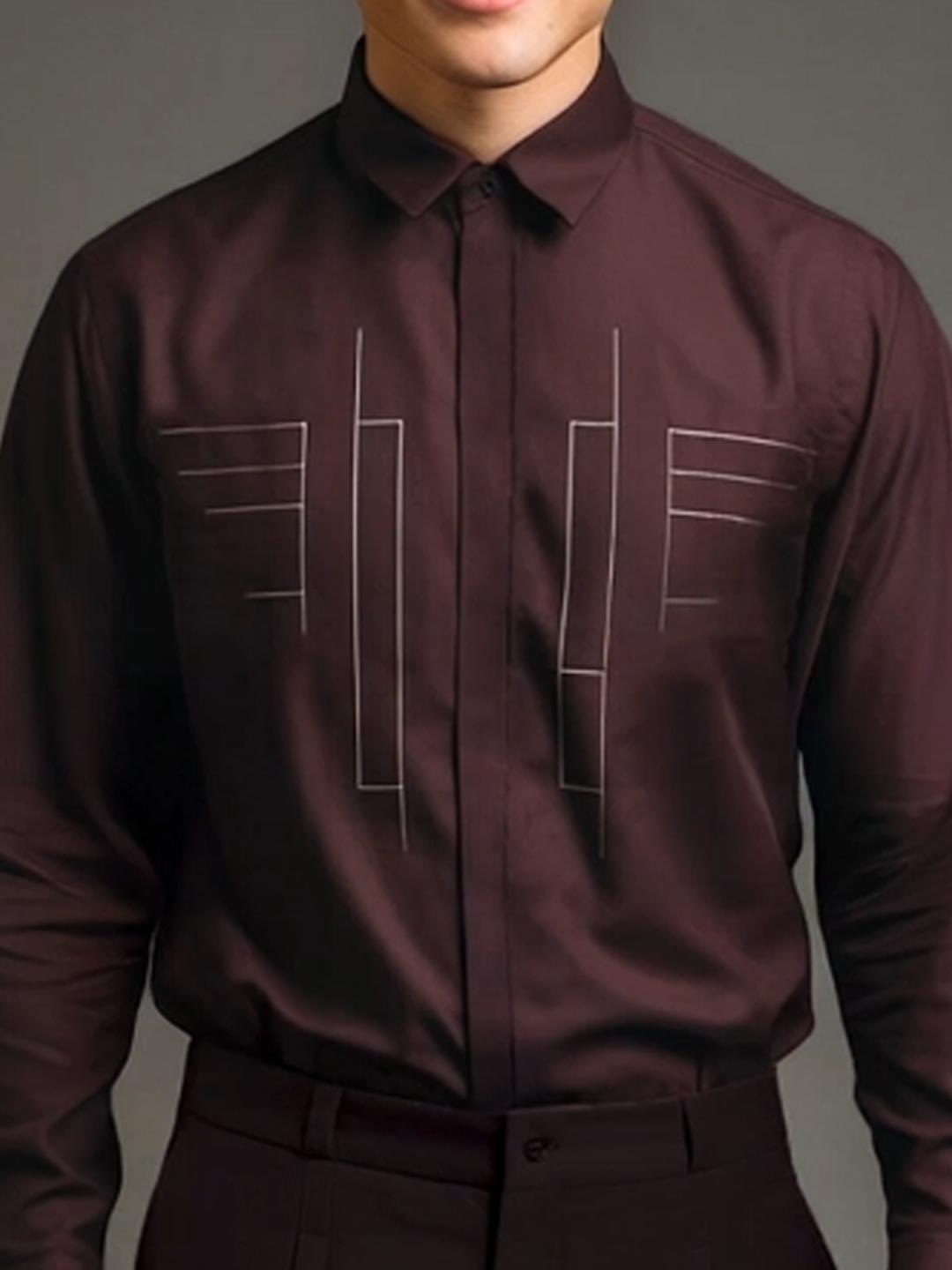 Burgundy Geometric Embroidered Party Designer Shirt For Men by HE SPOKE