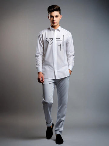 White Geometric Embroidered Party Designer Shirt For Men by HE SPOKE