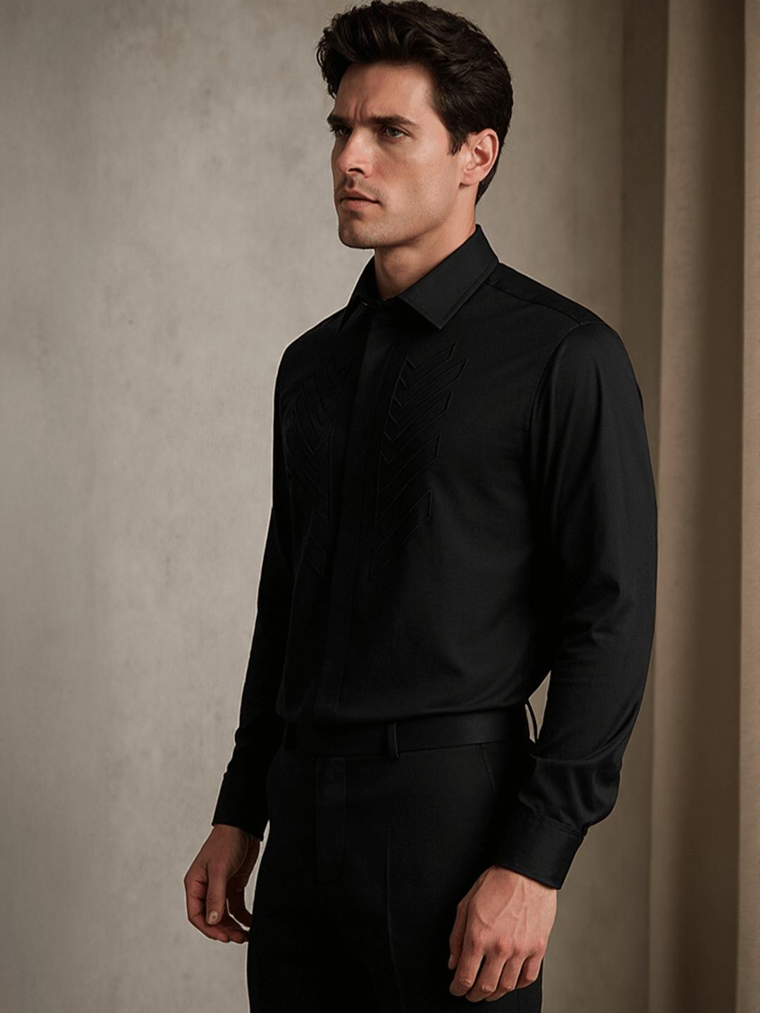 Black Geometric Embroidered Party Designer Shirt For Men by HE SPOKE