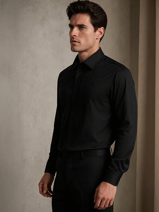 Black Geometric Embroidered Party Designer Shirt For Men by HE SPOKE