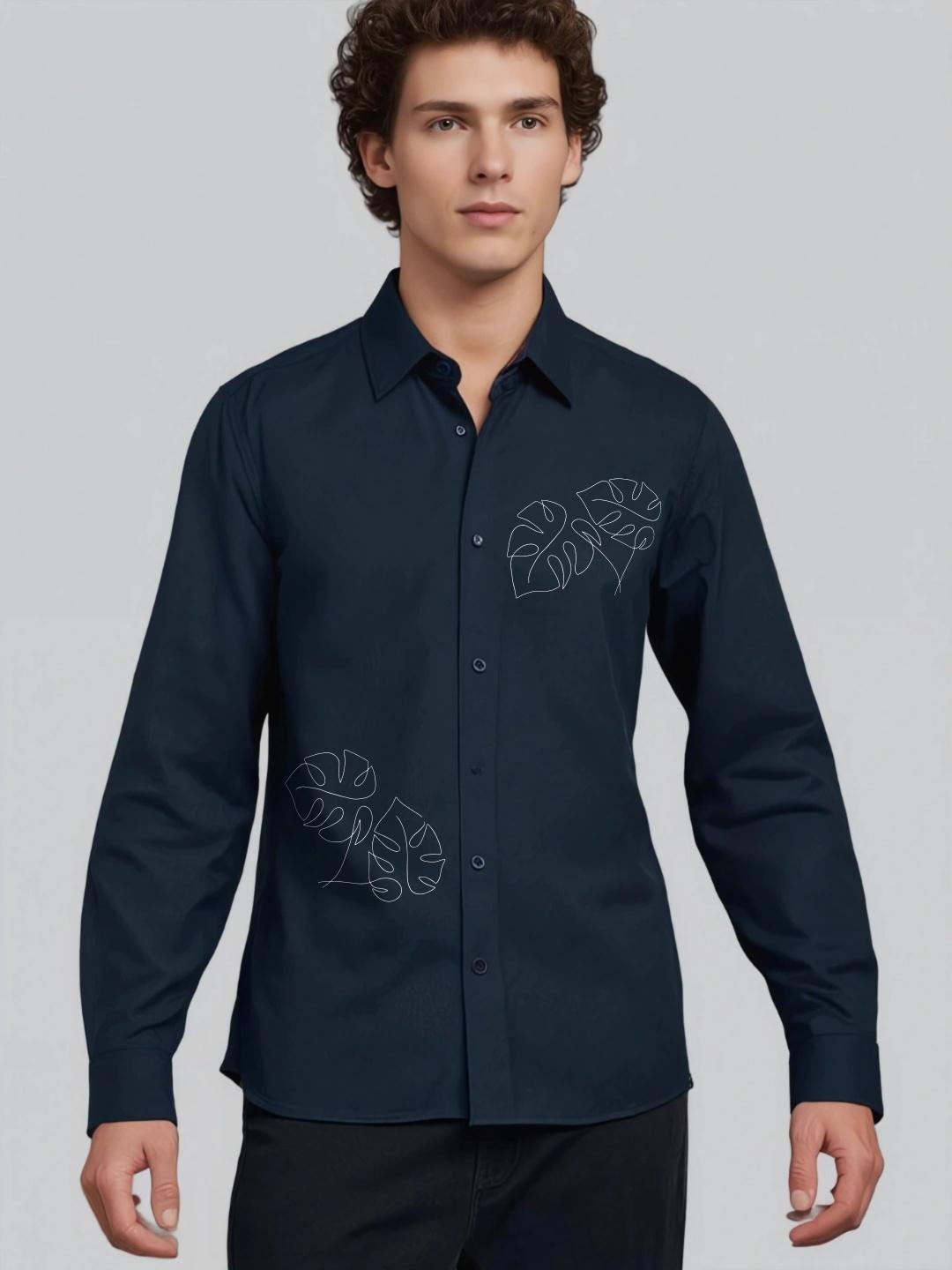 Navy Conversational Printed Casual Designer Shirt For Men by HE SPOKE