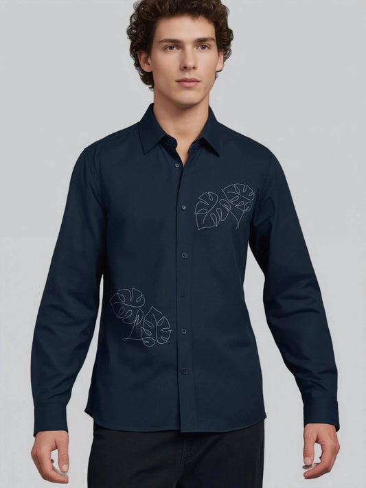 Navy Conversational Printed Casual Designer Shirt For Men by HE SPOKE