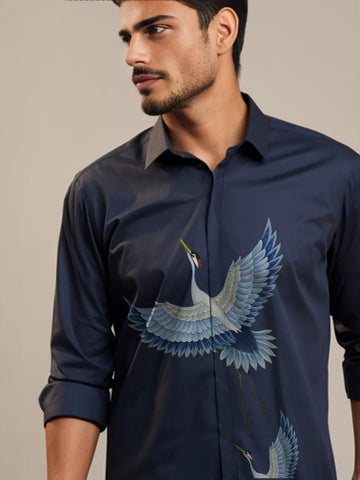 Navy Printed Casual Designer Shirt For Men by HE SPOKE