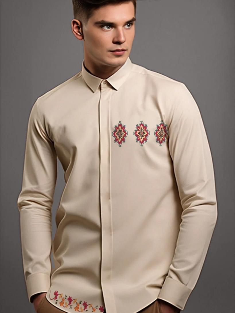Cream Conversational Printed Casual Designer Shirt For Men by HE SPOKE