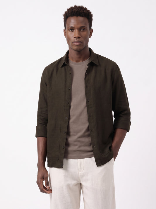 Men's Coffee Breathable Linen Blend Shacket