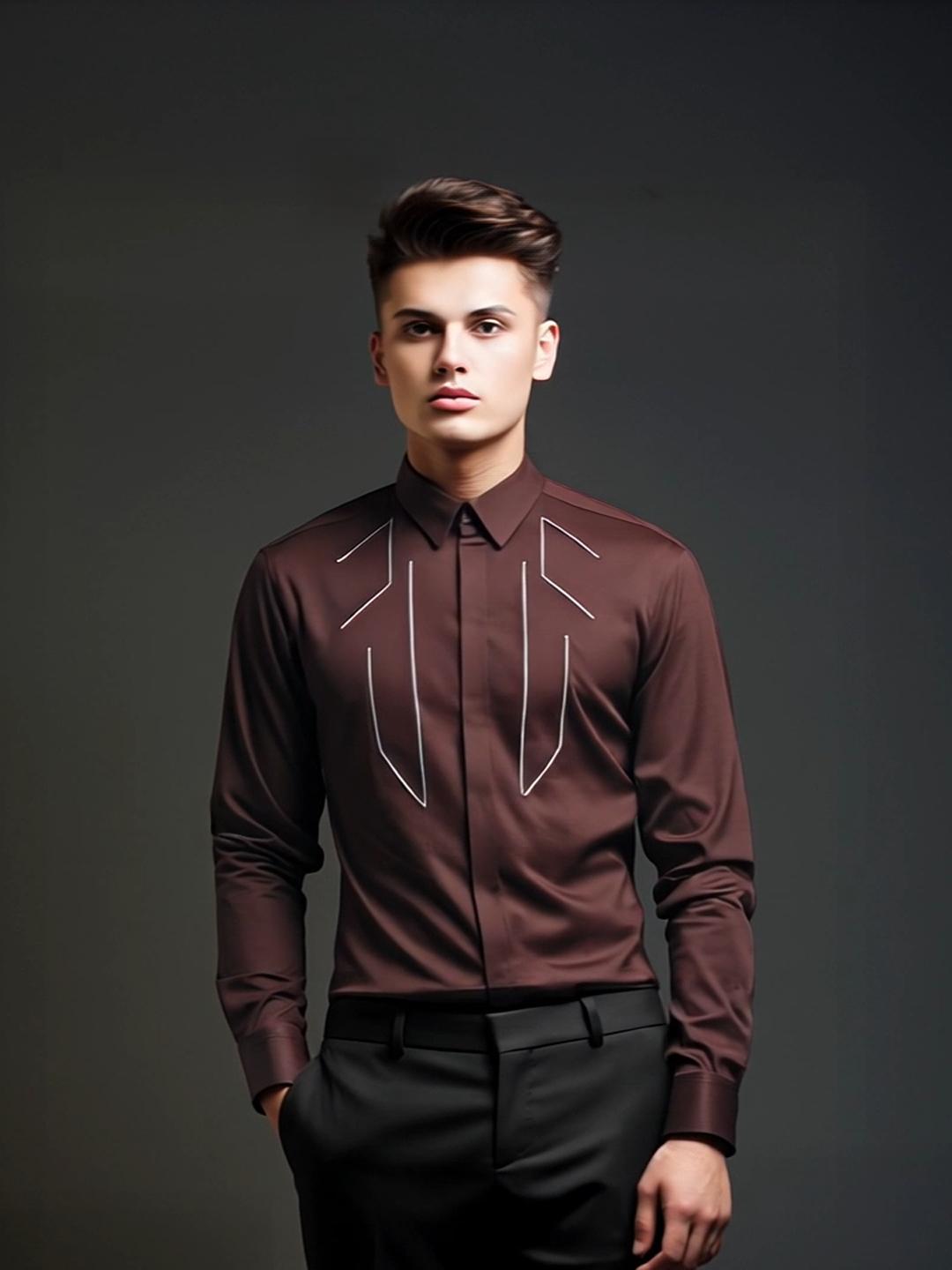 Burgundy Geometric Embroidered Party Designer Shirt For Men by HE SPOKE