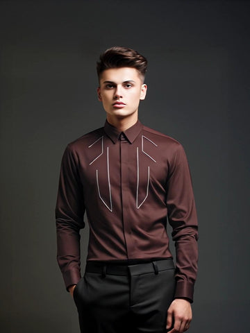 Burgundy Geometric Embroidered Party Designer Shirt For Men by HE SPOKE
