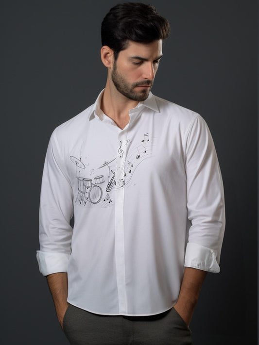 White Conversational Printed Casual Designer Shirt For Men by HE SPOKE