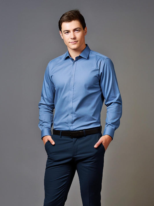 Blue Solid Formal Designer Shirt For Men by HE SPOKE
