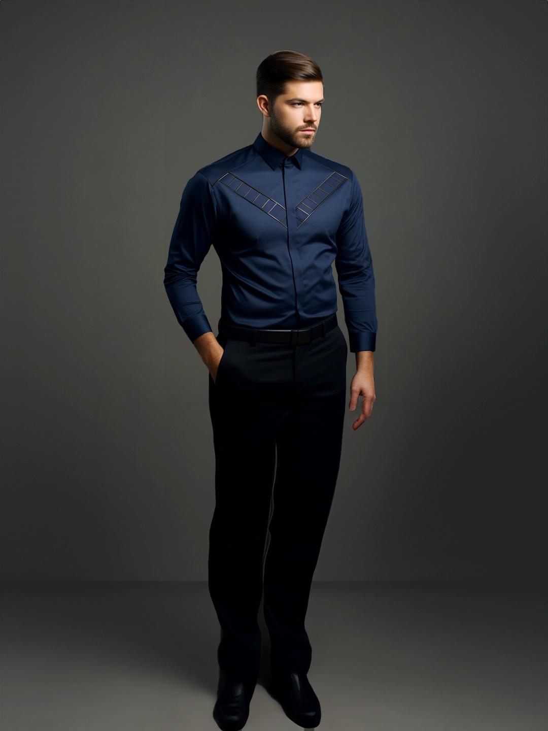 Navy Geometric Cord Party Designer Shirt For Men by HE SPOKE