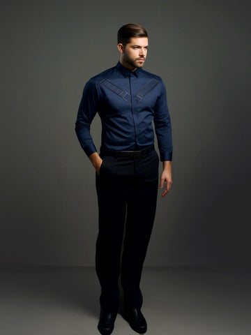 Navy Geometric Cord Party Designer Shirt For Men by HE SPOKE