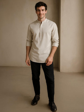 Cream Solid Daily Designer Kurta For Men by HE SPOKE