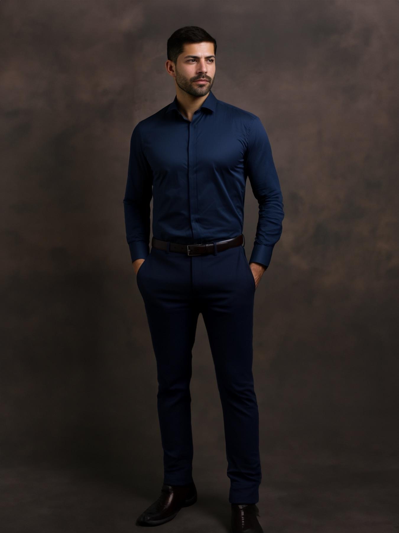 Navy Solid Formal Designer Shirt For Men by HE SPOKE