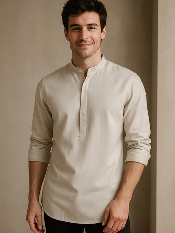 Cream Solid Daily Designer Kurta For Men by HE SPOKE