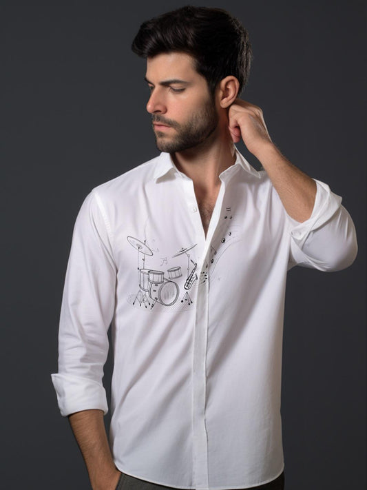 White Conversational Printed Casual Designer Shirt For Men by HE SPOKE