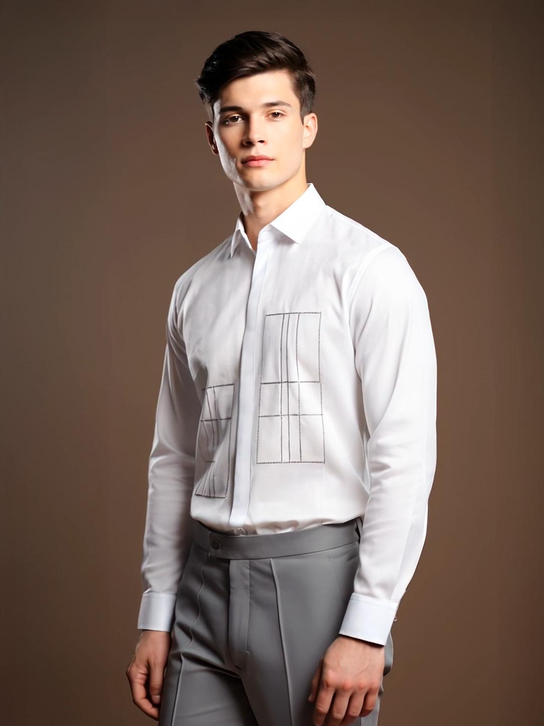 White Geometric Embroidered Smart Casual Designer Shirt For Men by HE SPOKE
