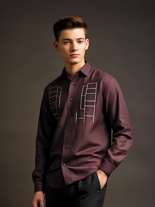 Burgundy Geometric Embroidered Smart Casual Designer Shirt For Men by HE SPOKE