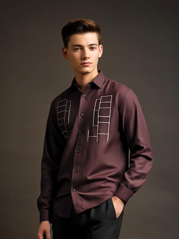 Burgundy Geometric Embroidered Smart Casual Designer Shirt For Men by HE SPOKE