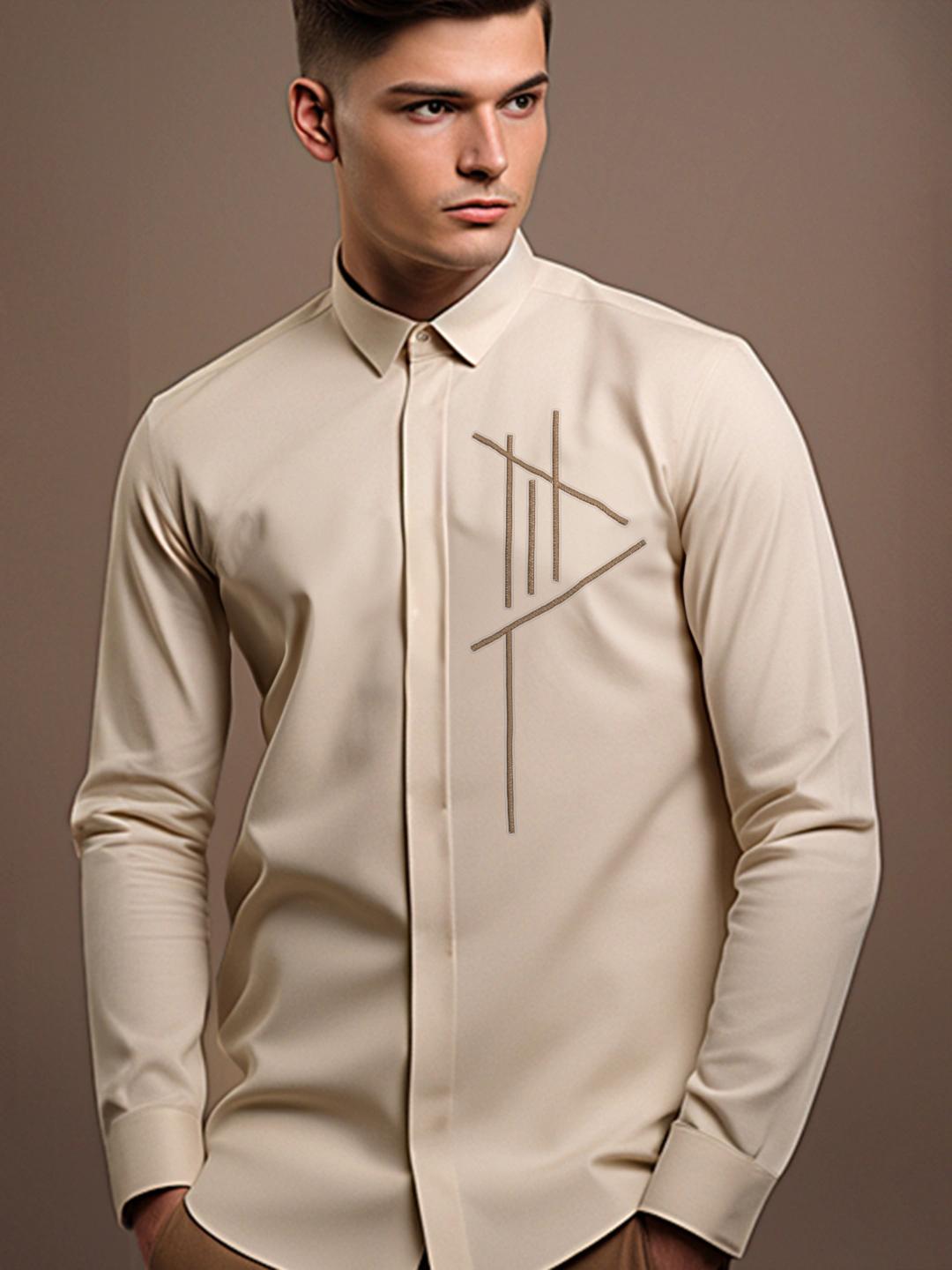 Cream Geometric Embroidered Casual Designer Shirt For Men by HE SPOKE