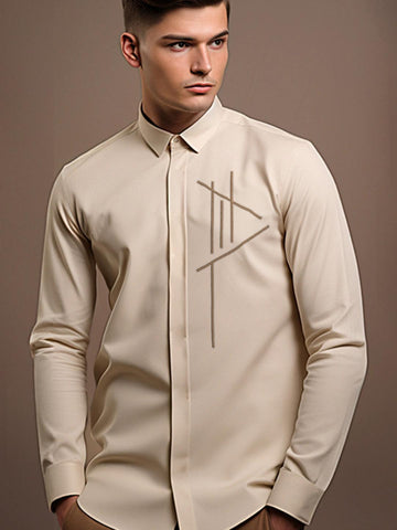 Cream Geometric Embroidered Casual Designer Shirt For Men by HE SPOKE