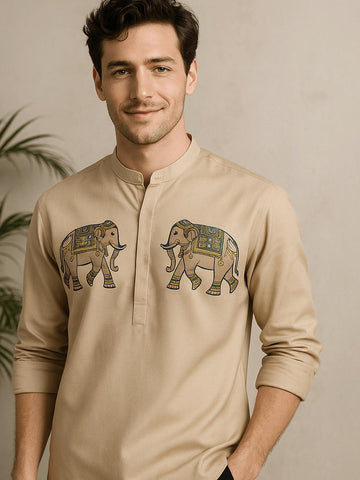 Cream Animal Printed Daily Designer Kurta For Men by HE SPOKE