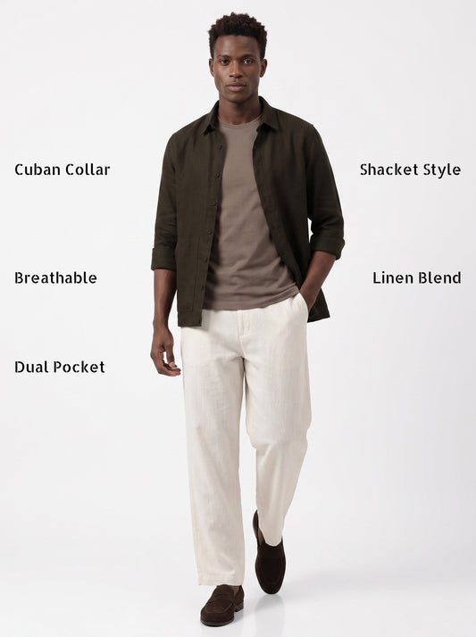 Men's Coffee Breathable Linen Blend Shacket