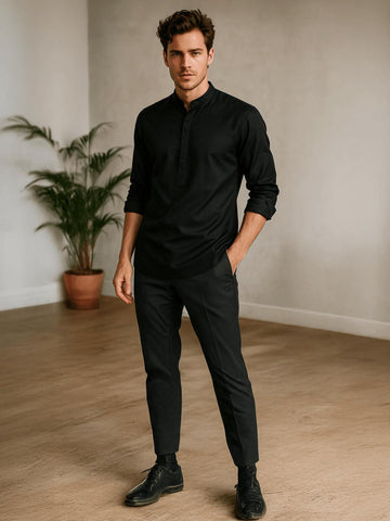 Black Solid Daily Designer Kurta For Men by HE SPOKE