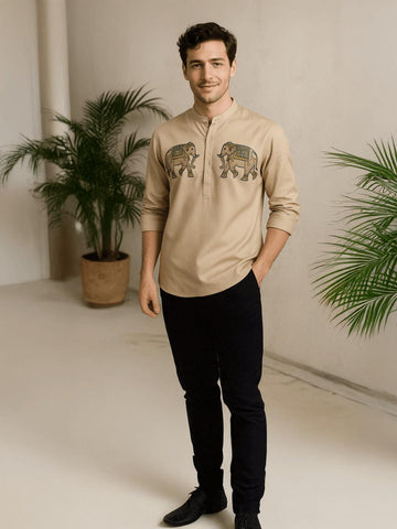 Cream Animal Printed Daily Designer Kurta For Men by HE SPOKE