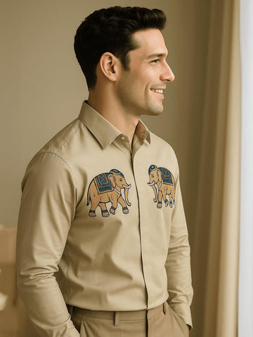 Cream Animal Printed Party Designer Shirt For Men by HE SPOKE