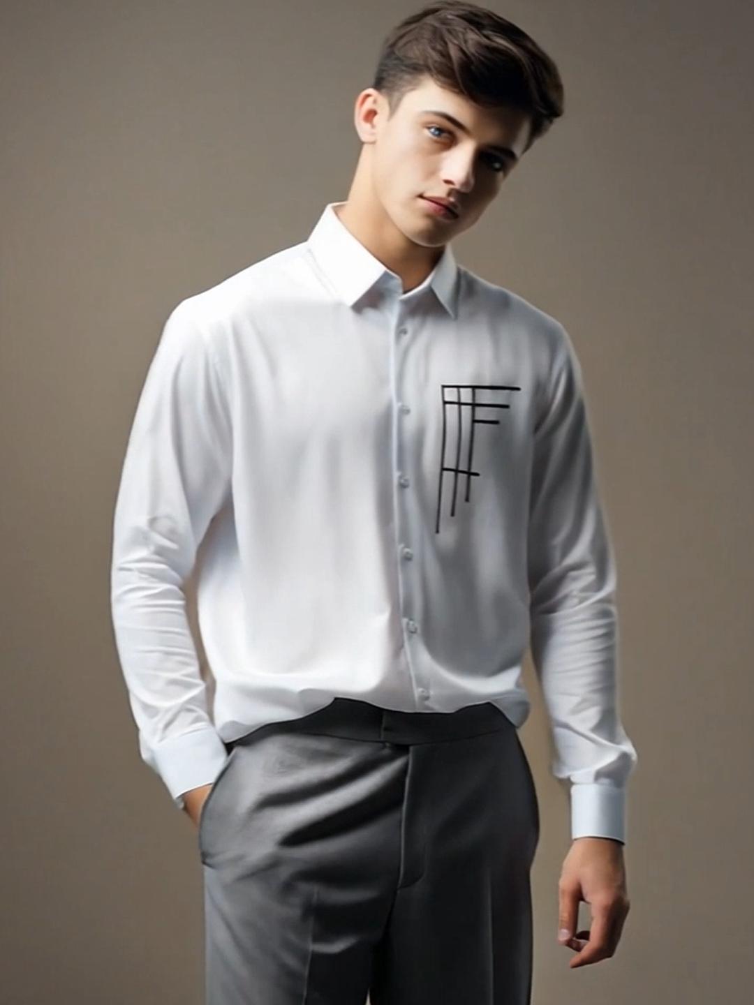White Geometric Embroidered Casual Designer Shirt For Men by HE SPOKE