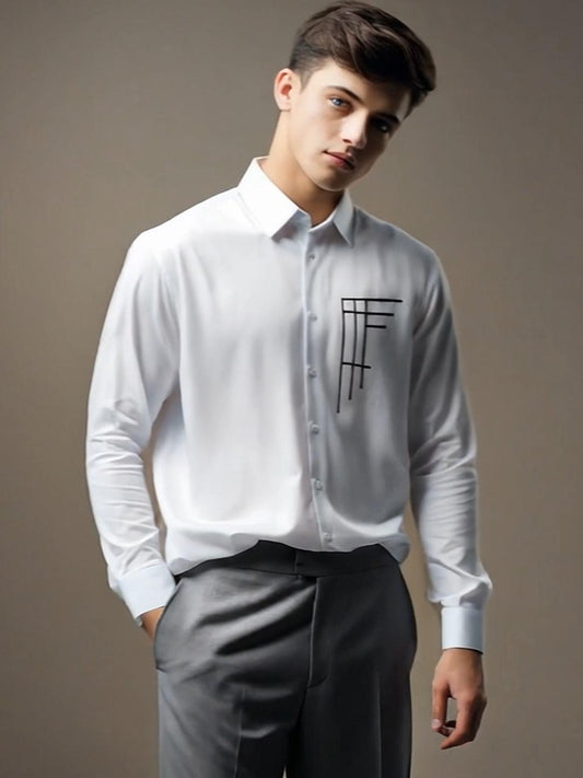 White Geometric Embroidered Casual Designer Shirt For Men by HE SPOKE