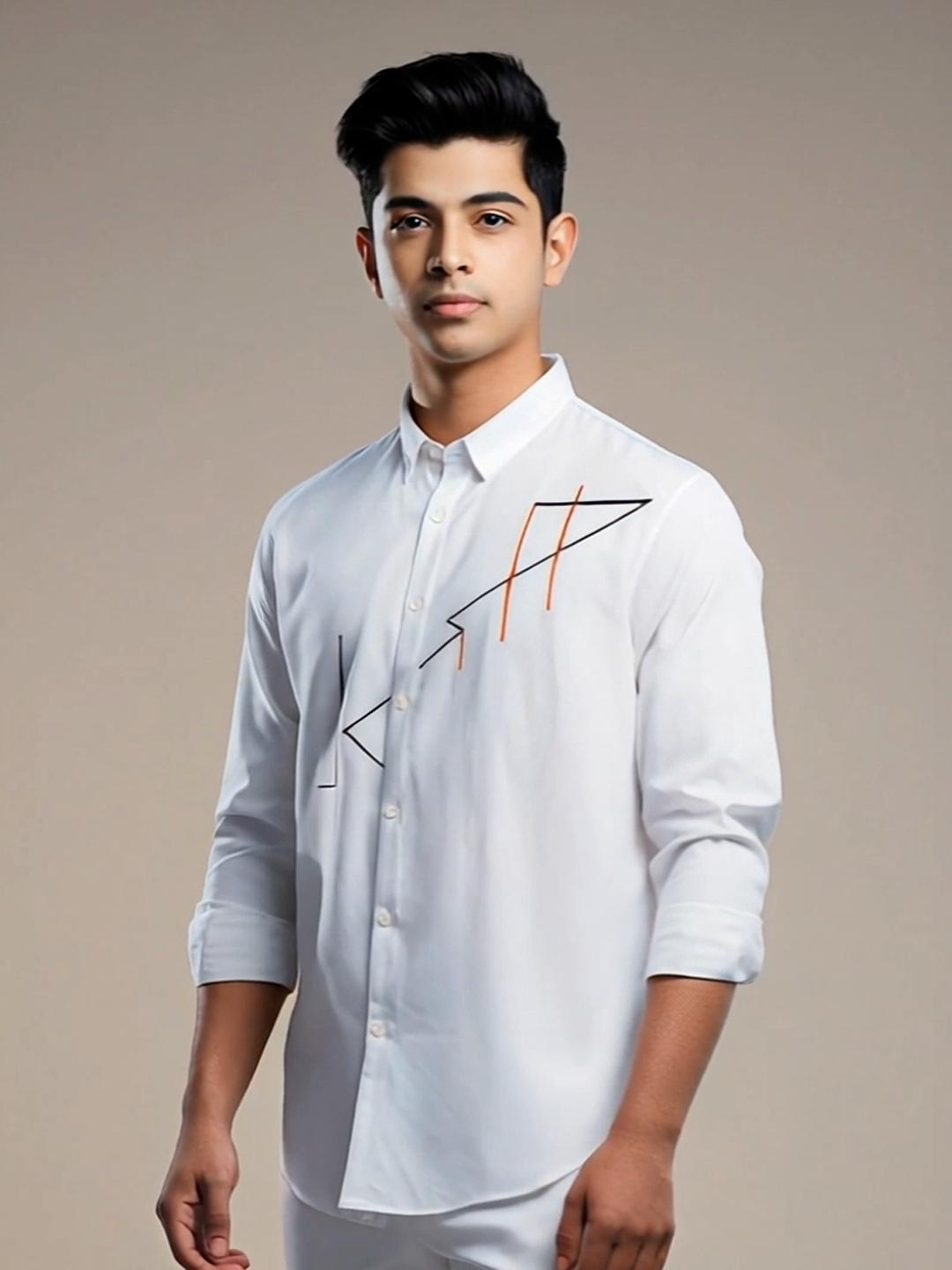 White Geometric Embroidered Casual Designer Shirt For Men by HE SPOKE