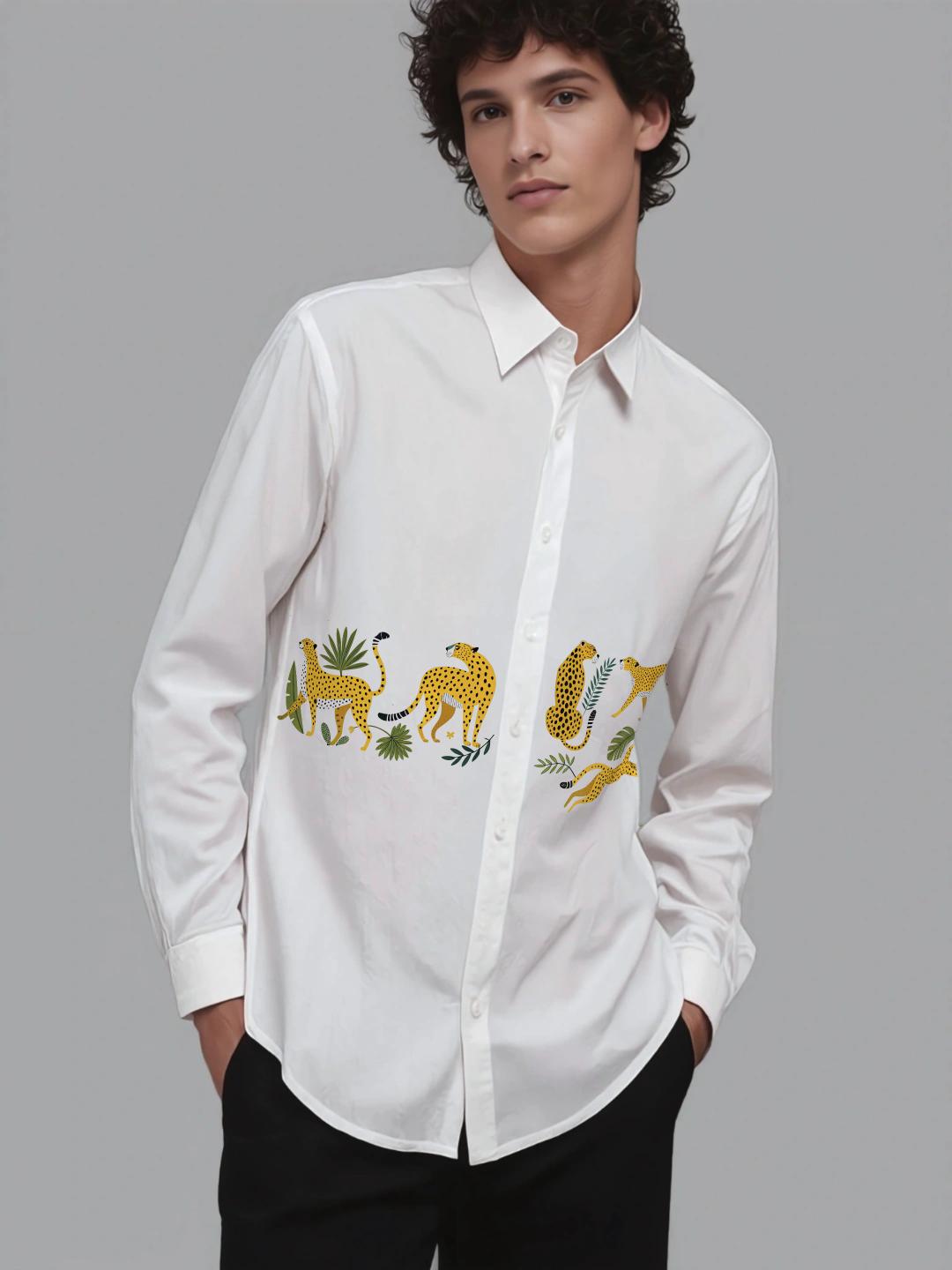 White Animal Printed Casual Designer Shirt For Men by HE SPOKE