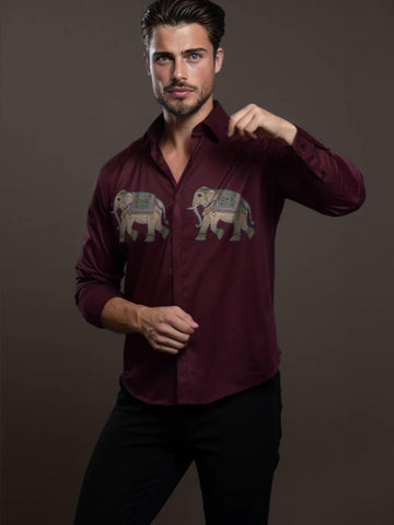 Burgundy Animal Printed Casual Designer Shirt For Men by HE SPOKE
