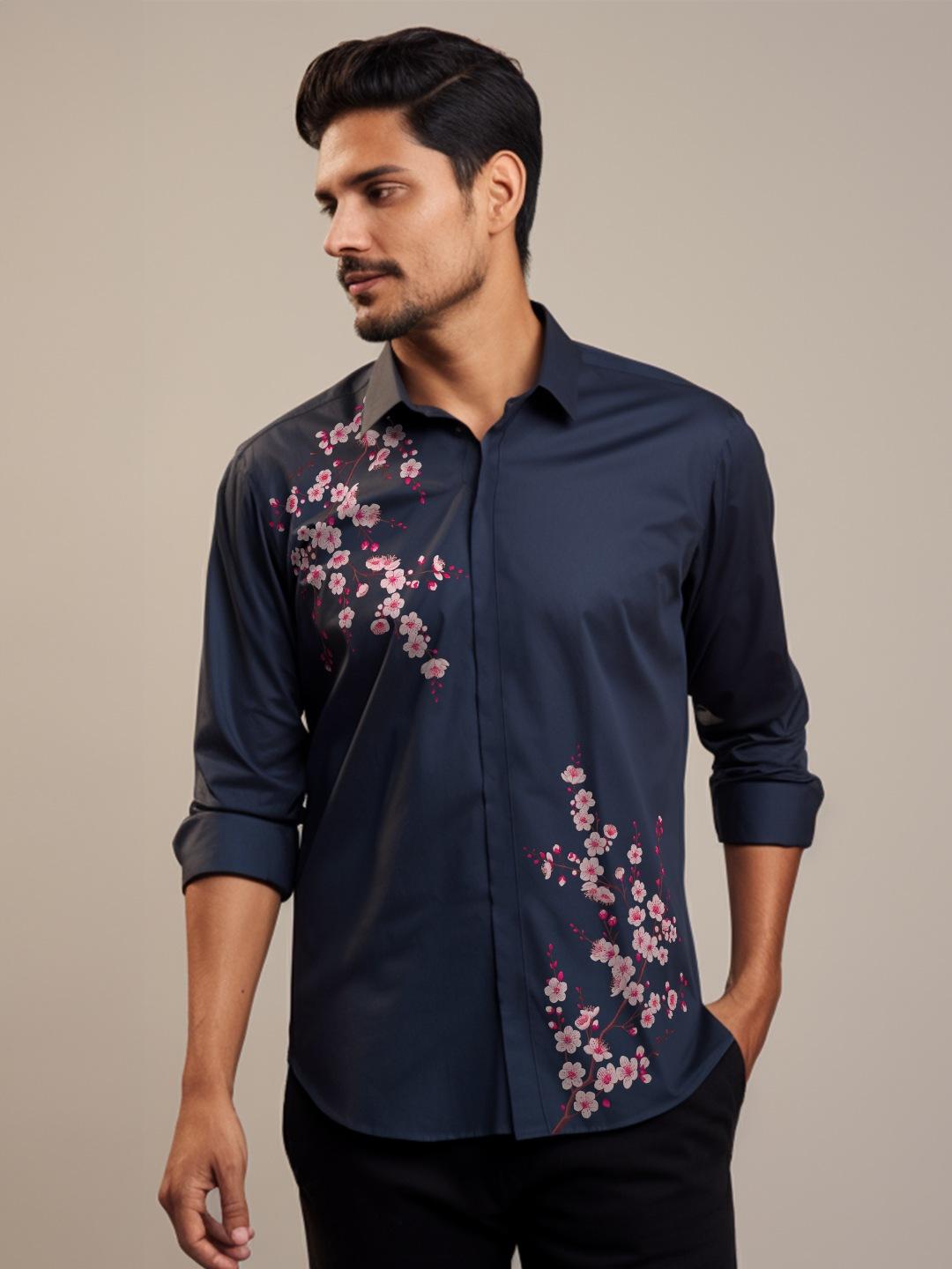 Navy Floral Printed Casual Designer Shirt For Men by HE SPOKE