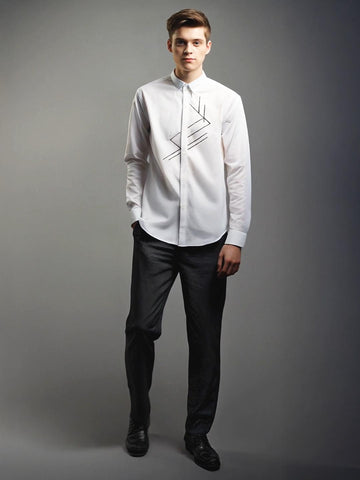 White Geometric Embroidered Casual Designer Shirt For Men by HE SPOKE
