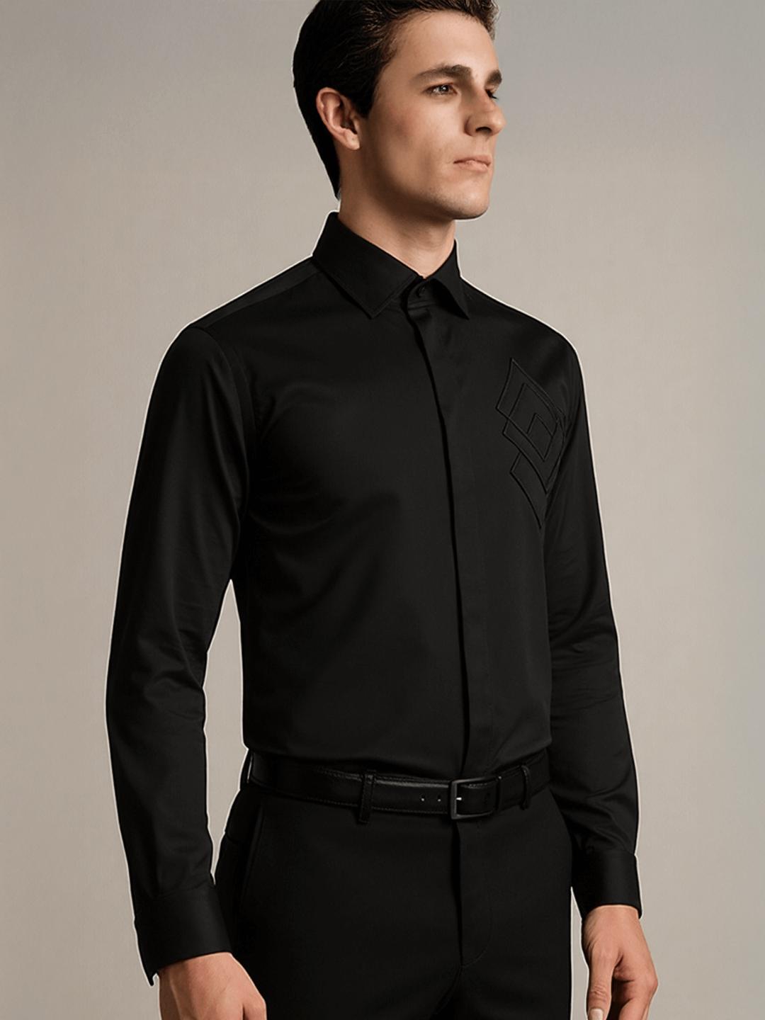Black Geometric Embroidered Party Designer Shirt For Men by HE SPOKE