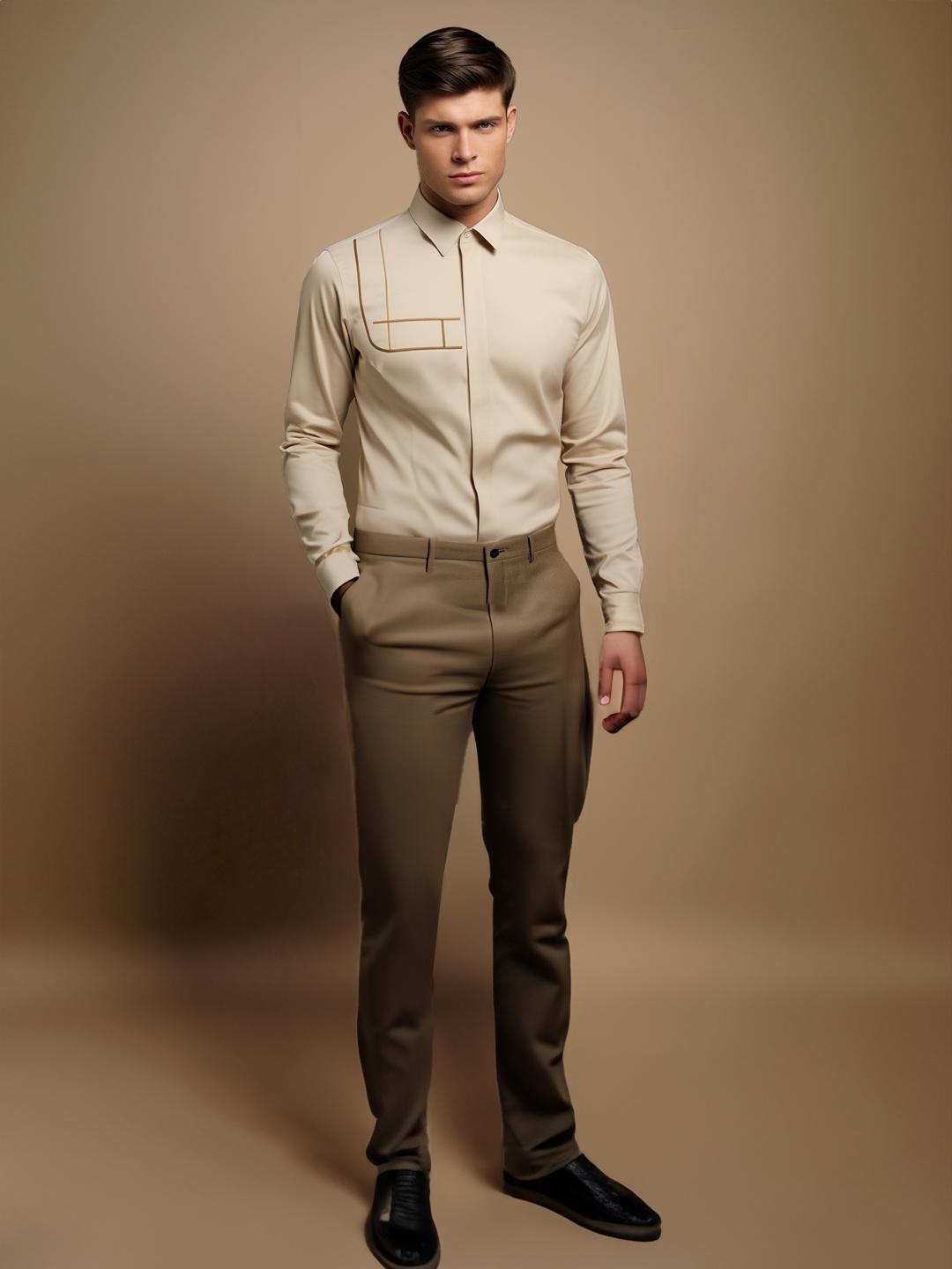 Cream Geometric Embroidered Casual Designer Shirt For Men by HE SPOKE