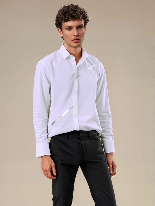 White Geometric Foil Printed Party Designer Shirt For Men by HE SPOKE