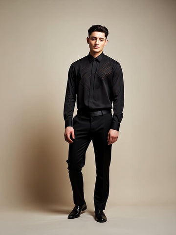 Black Geometric Embroidered Party Designer Shirt For Men by HE SPOKE