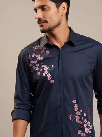 Navy Floral Printed Casual Designer Shirt For Men by HE SPOKE
