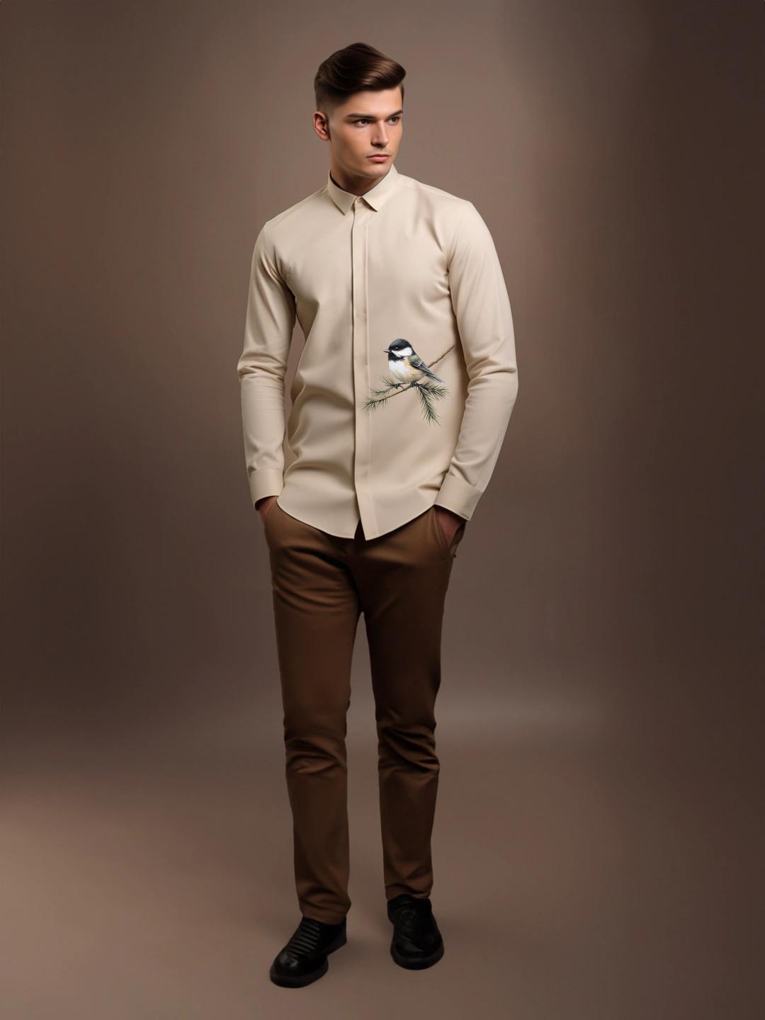 Cream Printed Casual Designer Shirt For Men by HE SPOKE