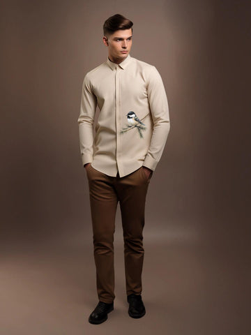 Cream Printed Casual Designer Shirt For Men by HE SPOKE