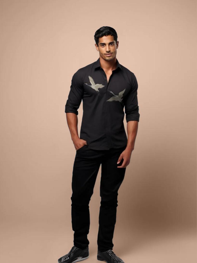 Black Printed Casual Designer Shirt For Men by HE SPOKE