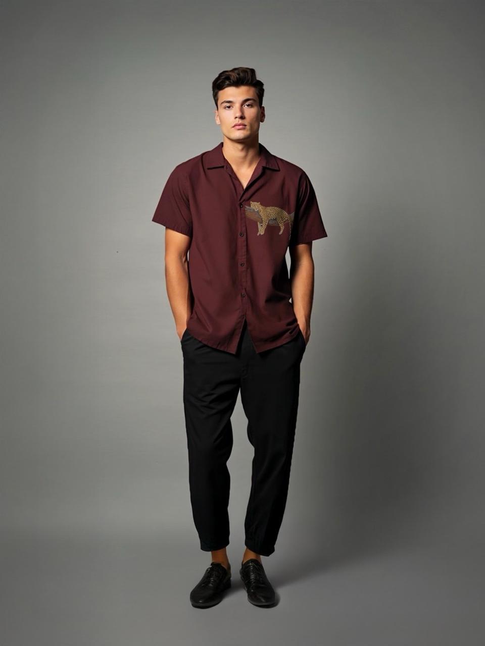 Burgundy Animal Printed Casual Designer Shirt For Men by HE SPOKE