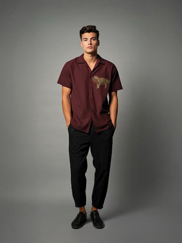 Burgundy Animal Printed Casual Designer Shirt For Men by HE SPOKE