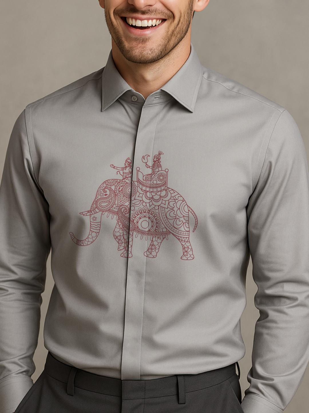 Grey Ethnic Motifs Printed Party Designer Shirt For Men by HE SPOKE