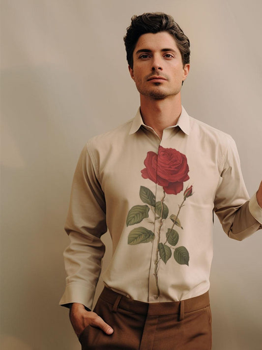 Cream Floral Printed Casual Designer Shirt For Men by HE SPOKE
