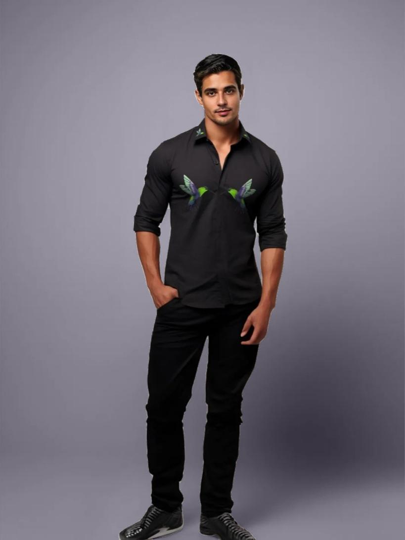 Black Printed Casual Designer Shirt For Men by HE SPOKE